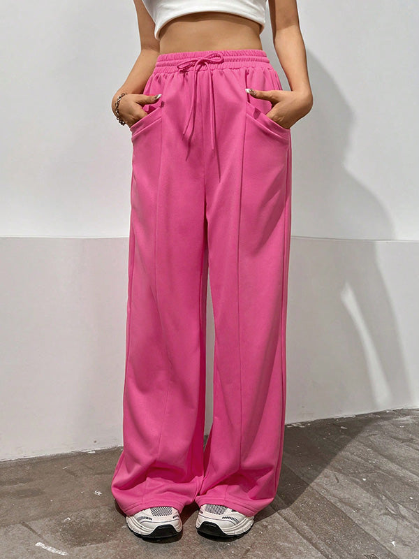 Drawstring Elasticity Solid Color High Waisted Loose Trousers Pants