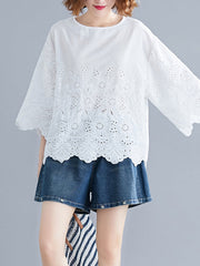 Hollow Print Loose Three-quarter Sleeves Round-neck Blouses&shirts Tops