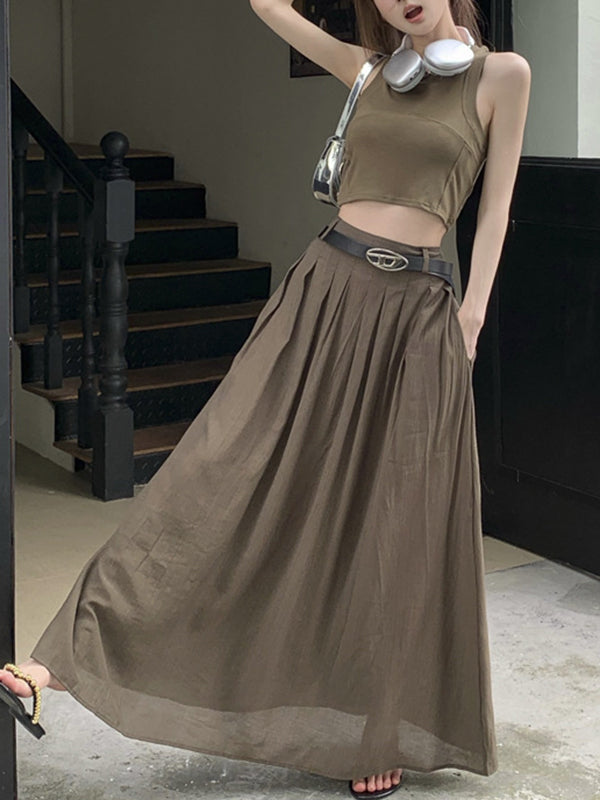 Belted Pleated Pockets Solid Color High Waisted Loose Skirts Bottoms