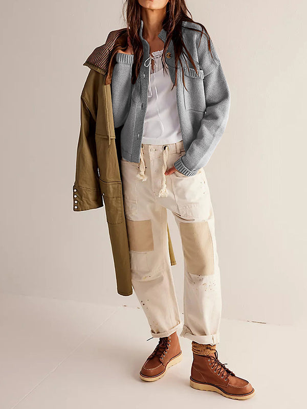 Buttoned Pockets Solid Color Split-Joint Long Sleeves Loose Stand Collar Cardigan Tops
