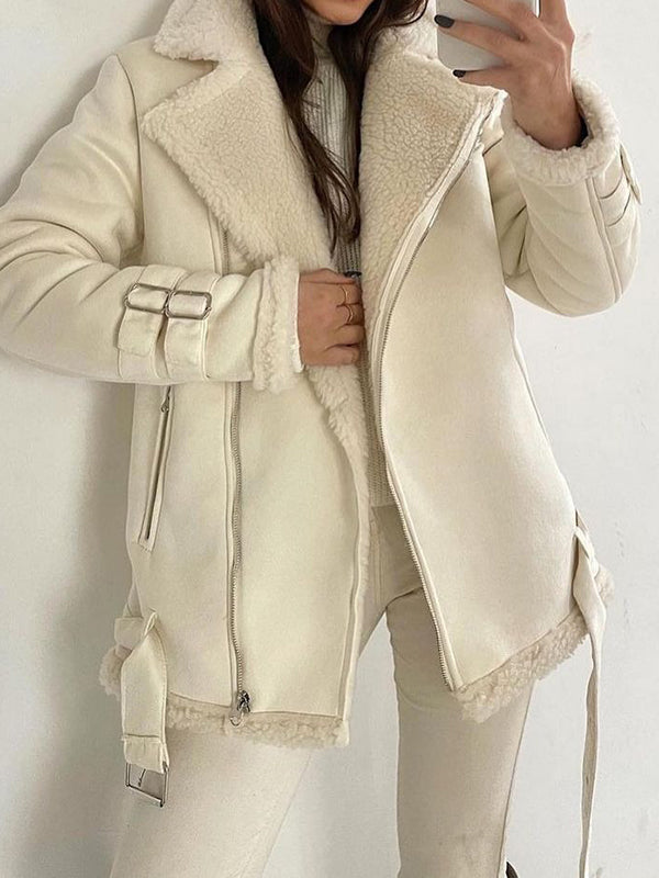Buckle Keep Warm Pockets Split-Joint Velvet Zipper Long Sleeves Loose Notched Collar Outerwear