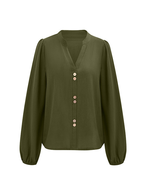 Buttoned Elasticity Long Sleeves Loose V-neck Blouses&shirts Tops