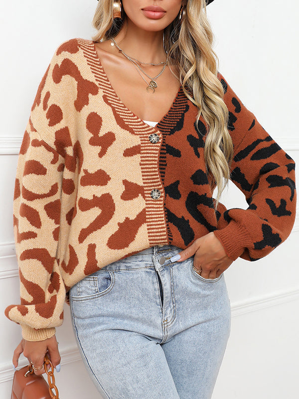 Buttoned Leopard Split-Joint Long Sleeves Loose V-Neck Cardigan Tops