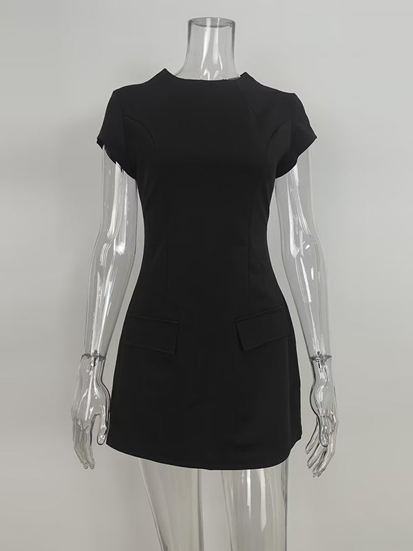 Pockets Solid Color Split-Joint A-Line High Waisted Mock Neck Mini Dresses