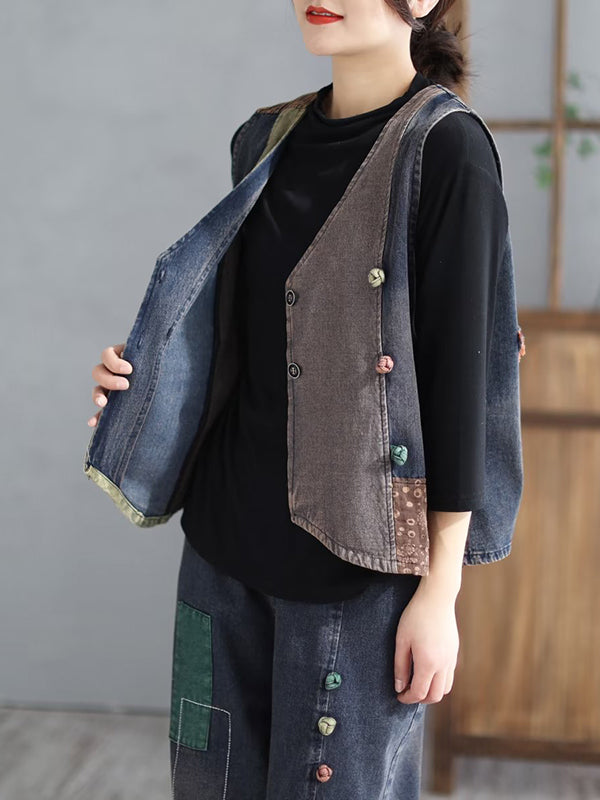 Loose Split-Joint V-Neck Vest Top + Jean Harem Pants Bottoms  Two Pieces Set