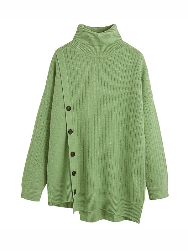 Asymmetric Buttoned High-low Long Sleeves High-neck Sweater Tops Pullovers Knitwear