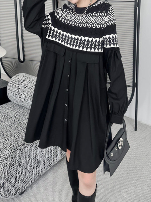 Buttoned Contrast Color Split-Joint A-Line Long Sleeves Round-Neck Mini Dresses