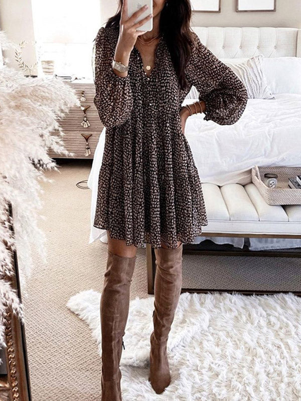 Buttoned Leopard Pleated Long Sleeves Loose V-Neck Mini Dresses