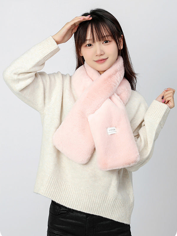 Casual Faux Fur Keep Warm Solid Color Cross Plush Shawl&Scarf