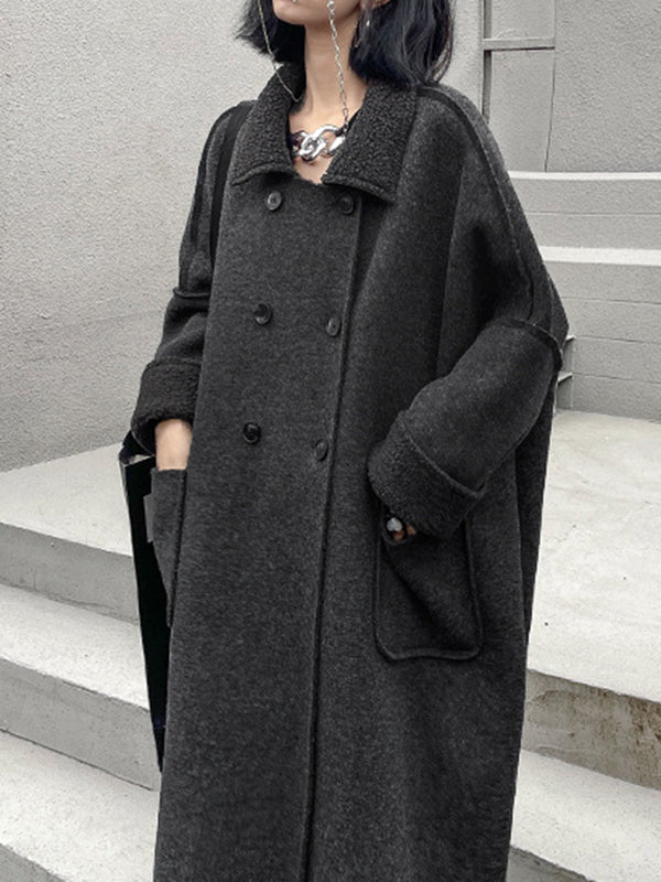 Buttoned Pockets Solid Color Velvet Long Sleeves Loose Lapel Woolen Coat