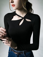 Hollow Solid Color Long Sleeves Skinny Asymmetric Collar T-Shirts Tops