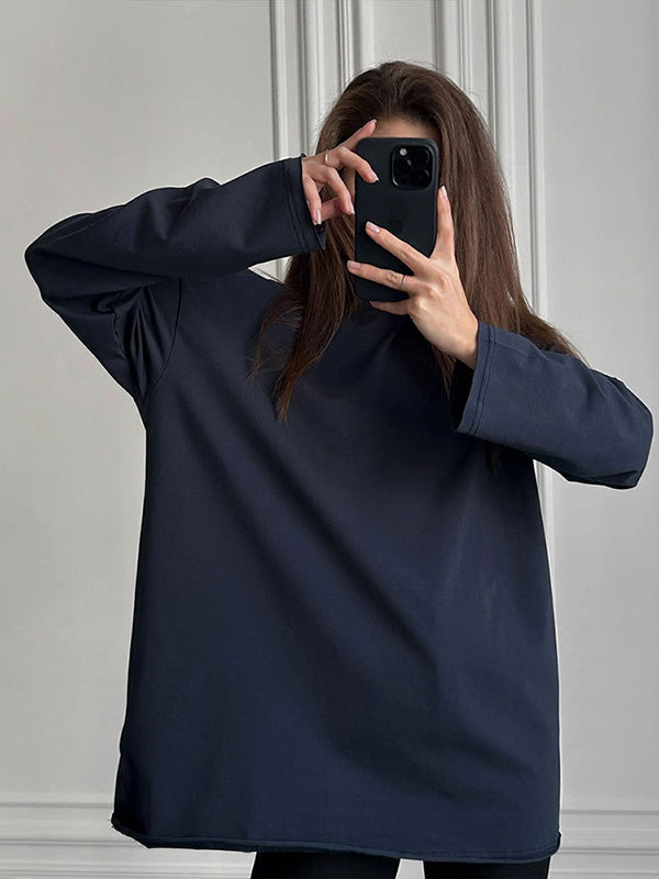 Solid Color Long Sleeves Loose Round-Neck T-Shirts Tops