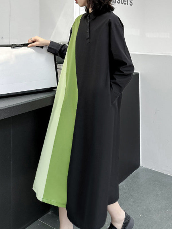 Asymmetric Buttoned Contrast Color Split-Joint Long Sleeves Loose Lapel Shirt Dress Midi Dresses