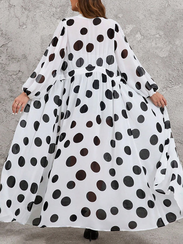 High Waisted Long Sleeves Pleated Polka-Dot See-Through Split-Joint Deep V-Neck Maxi Dresses Outerwear