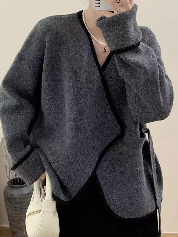 Split-Joint Long Sleeves Loose V-Neck Cardigan Tops