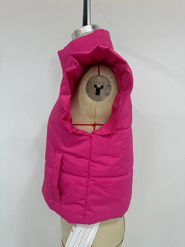 Pleated Solid Color Split-Joint Flared Sleeves High Neck Padded Vest