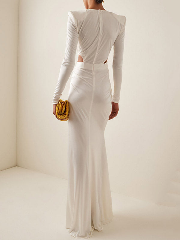 Asymmetric Hollow Pleated Rhine Stones Shoulder Pad Split-Side Long Sleeves Skinny V-Neck Maxi Dresses