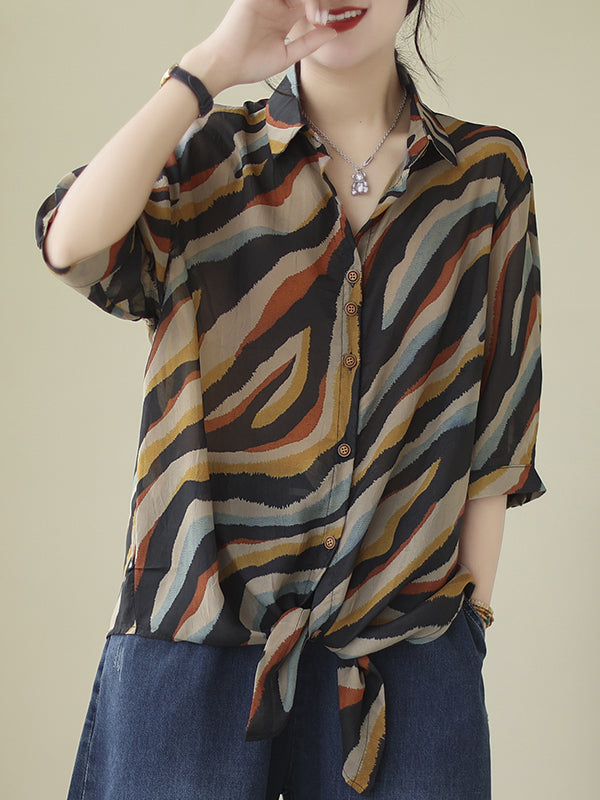 Buttoned Tied Zebra-Stripe Long Sleeves Loose Lapel Blouses&Shirts Tops