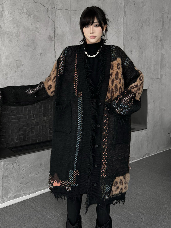 Asymmetric Buttoned Contrast Color Leopard Pockets Split-Joint Hipster Long Sleeves V-Neck Cardigan Tops