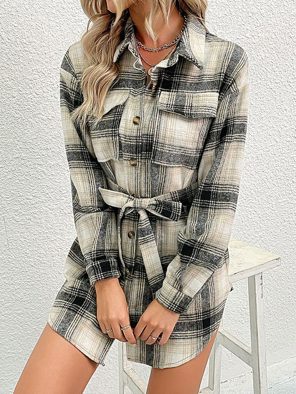 Pleated Pockets Split-Joint Tied Waist Long Sleeves Loose Lapel Blouses&Shirts Tops