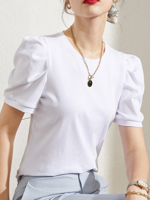 Original Simple Loose Solid Color Puff Sleeves T-Shirt Top