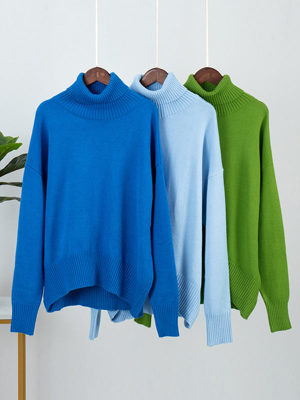Solid Color Split-Joint High-Low Long Sleeves High Neck Sweater Tops