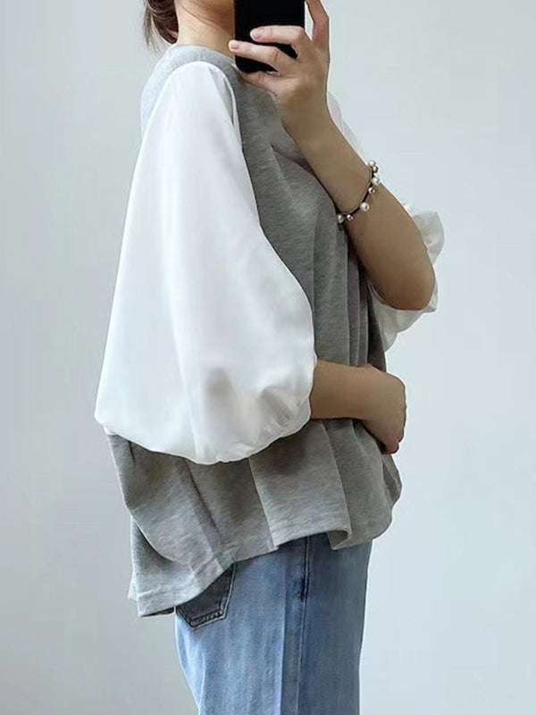 Split-Joint Half Sleeves Loose Round-Neck T-Shirts