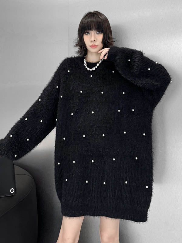 Beads Contrast Color Shiny Split-Joint Long Sleeves Loose Round-Neck Sweater Dresses Mini Dresses