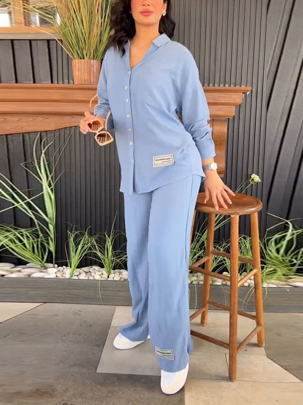 Solid Color Long Sleeves Buttoned Lapel Shirts Top + High Waisted Split-Side Pants Bottom Two Pieces Set