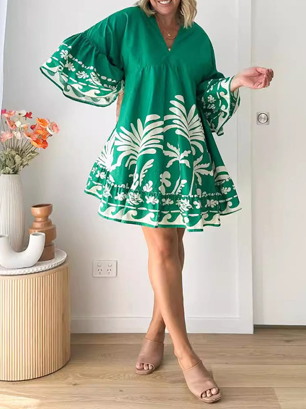 Flower Print Pleated Split-Joint A-Line Flared Sleeves V-Neck Mini Dresses