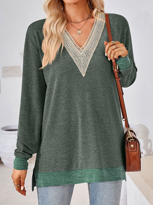 Hollow Split-Joint Split-Side Long Sleeves Loose V-Neck T-Shirts Tops