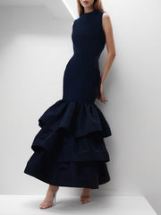 Layered Pleated Solid Color Split-Joint Zipper Bodycon High Waisted Round-Neck Maxi Dresses