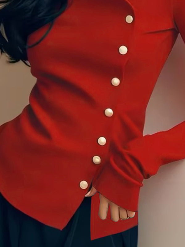 Buttoned Pleated Solid Color Long Sleeves Skinny T-Shirts Tops