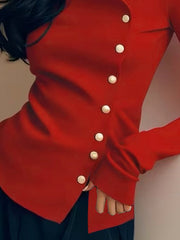 Buttoned Pleated Solid Color Long Sleeves Skinny T-Shirts Tops