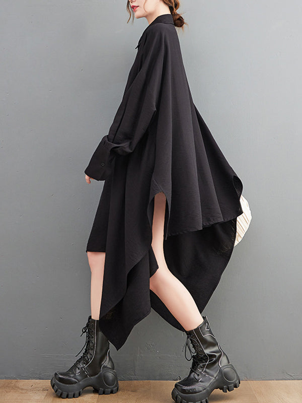 Asymmetric Buttoned Pockets Solid Color A-Line High-Low Lapel Shirt Dress Midi Dresses