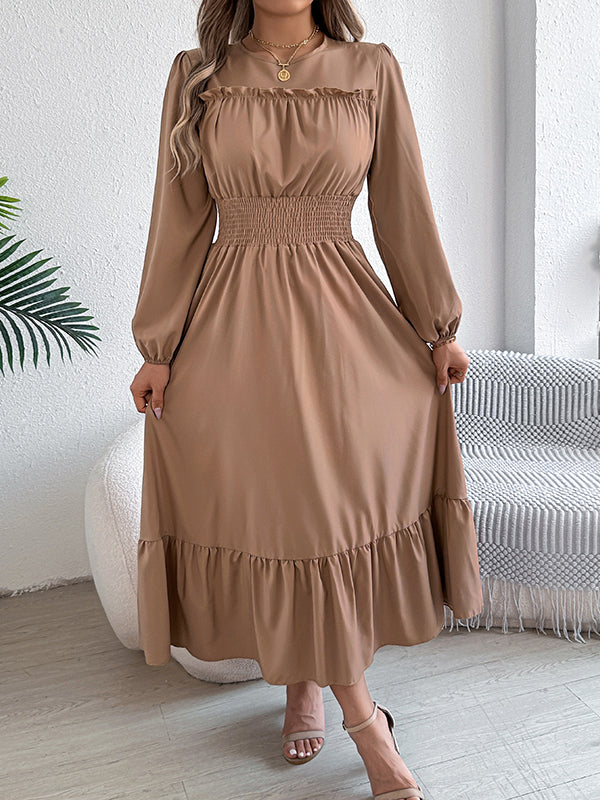 Pleated Solid Color A-Line Elasticated Waist Round-Neck Maxi Dresses
