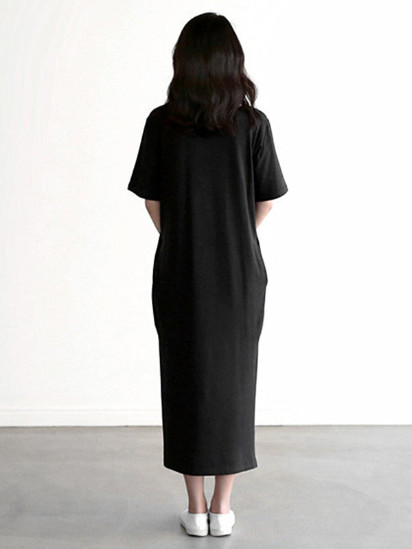 Casual Loose Short Sleeves Split-Side Solid Color V-Neck Midi Dresses