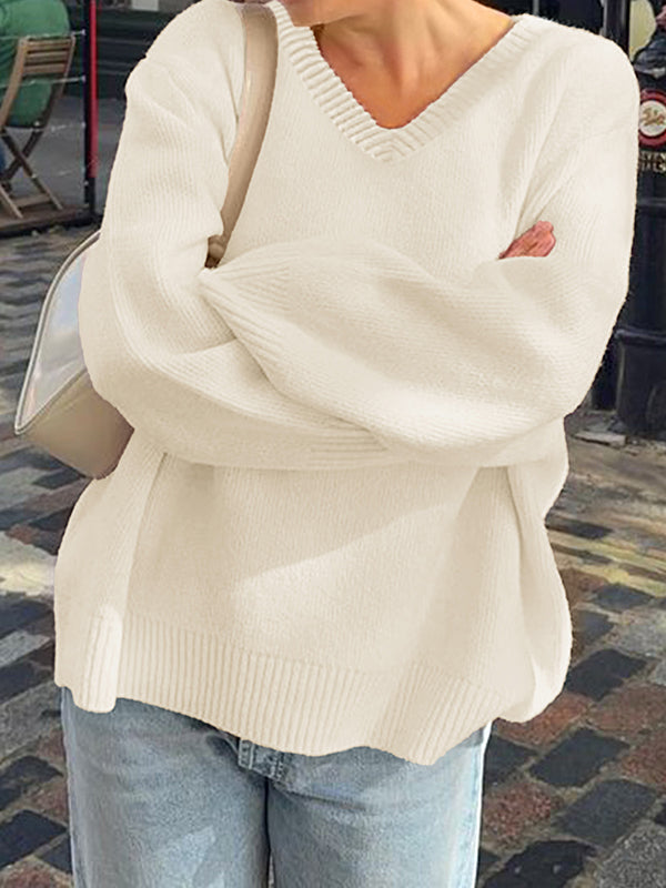 Ribs Solid Color Long Sleeves Loose V-Neck Sweater Tops