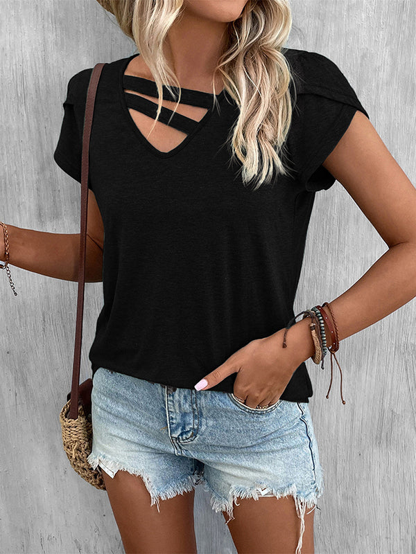 Solid Color Loose Short Sleeves V-neck T-Shirts Tops