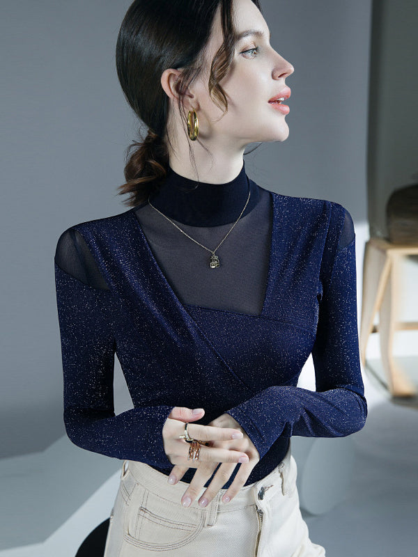 Asymmetric Mesh See-Through Shiny Split-Joint Long Sleeves Skinny Half Turtleneck Blouses&shirts Tops