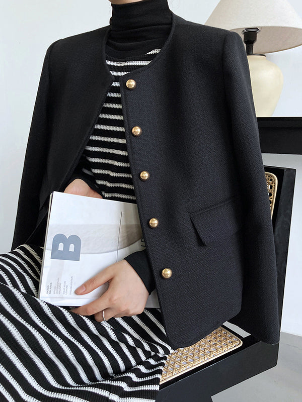 Buttoned Solid Color Long Sleeves Loose Round-Neck Outerwear