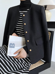 Buttoned Solid Color Long Sleeves Loose Round-Neck Outerwear