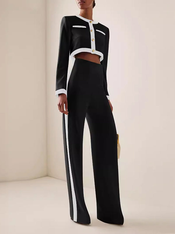 Buttoned Split-Joint Long Sleeves Round-Neck Blouses&Shirts Tops + High Waisted Pants Bottom Two Pieces Set