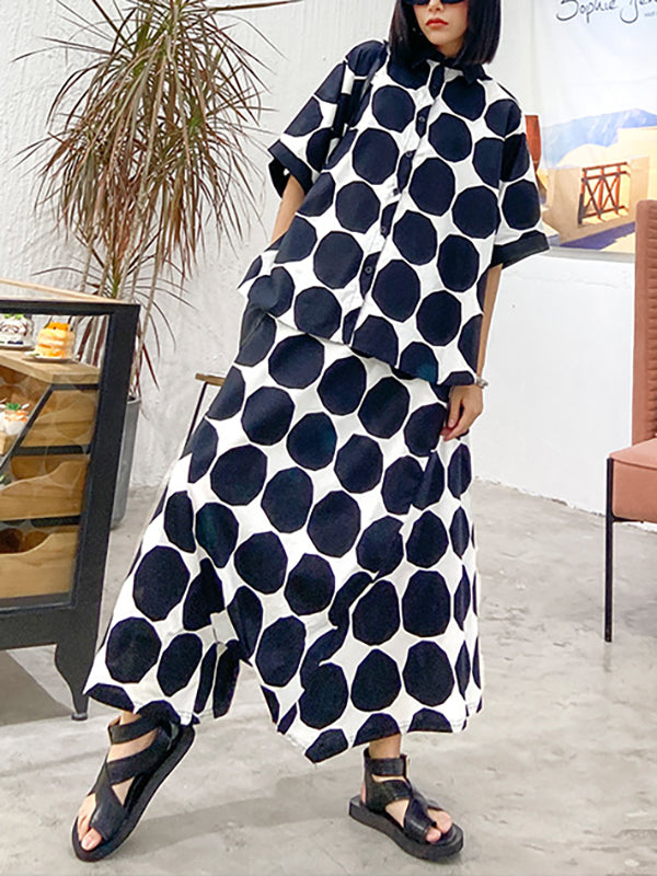 Round-Neck Batwing Sleeves Buttoned Polka-Dot Shirts Top + Elasticity Pockets Harem Pants Pants Bottom Two Pieces Set