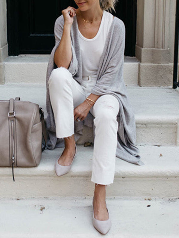 Solid Color Batwing Sleeves Loose Collarless Cardigan Tops
