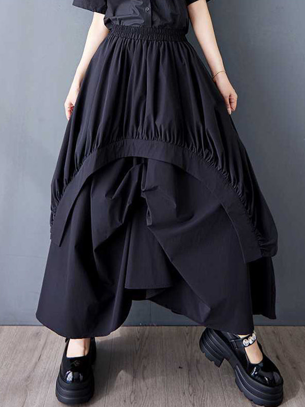 Asymmetric Elasticity Pleated Pockets Solid Color A-Line Loose Skirts Bottoms