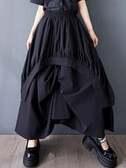 Asymmetric Elasticity Pleated Pockets Solid Color A-Line Loose Skirts Bottoms