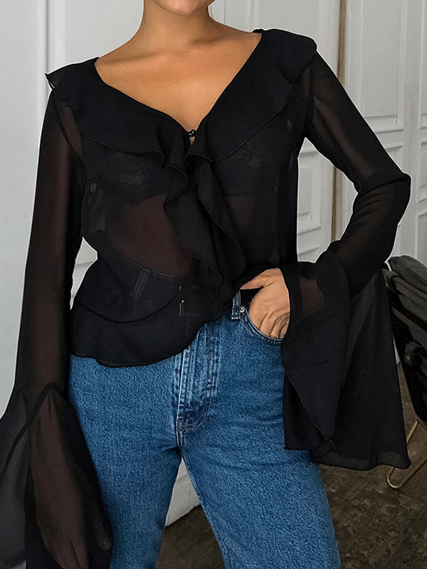 Ruffled See-Through Split-Joint Flared Sleeves Long Sleeves Lapel Blouses&Shirts Tops