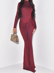 Solid Color Split-Joint Tied Waist Bodycon Long Sleeves Half Turtleneck Maxi Dresses