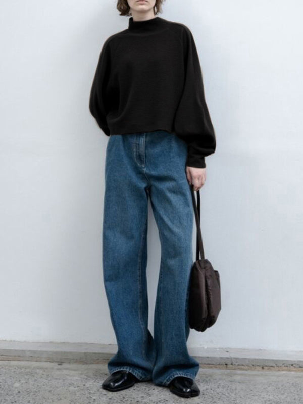 Solid Color Split-Joint Loose Puff Sleeves High Neck Sweatshirt Tops